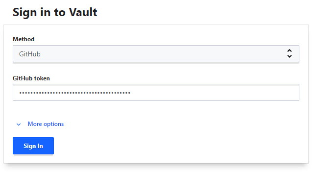 Signing into Vault using a GitHub token.